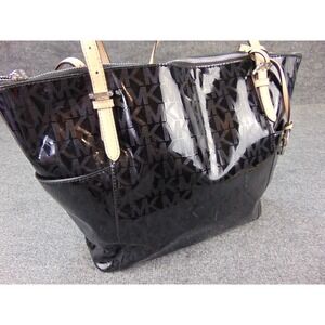 Michael Kors Jet Set Travel Tote Black Patent MK Logo Monogram Bag 35S6MTTT8Z